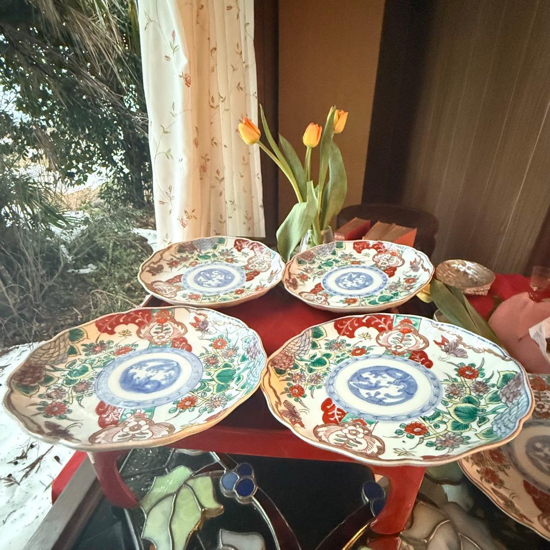 大雪特別価格‼️伊万里上手錦手Dragon❌あじさい　桐に蝶　蜂と菊　7寸皿2客