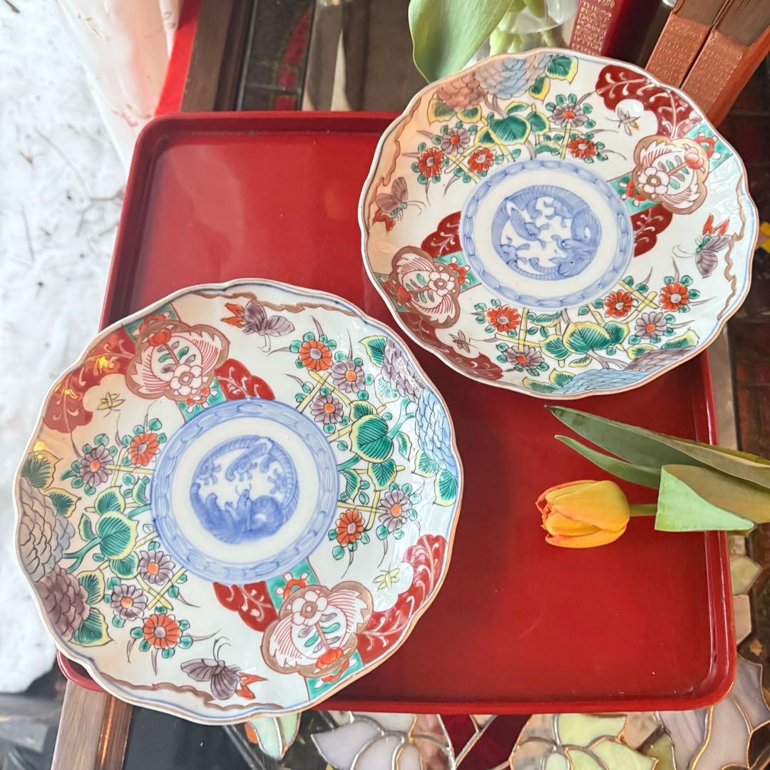 大雪特別価格‼️伊万里上手錦手Dragon❌あじさい　桐に蝶　蜂と菊　7寸皿2客