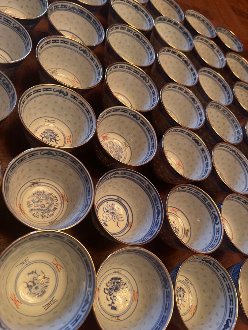 中国美術景徳鎮染付金彩　湯呑み　蛍焼　細密細工　古美術品　44客セット