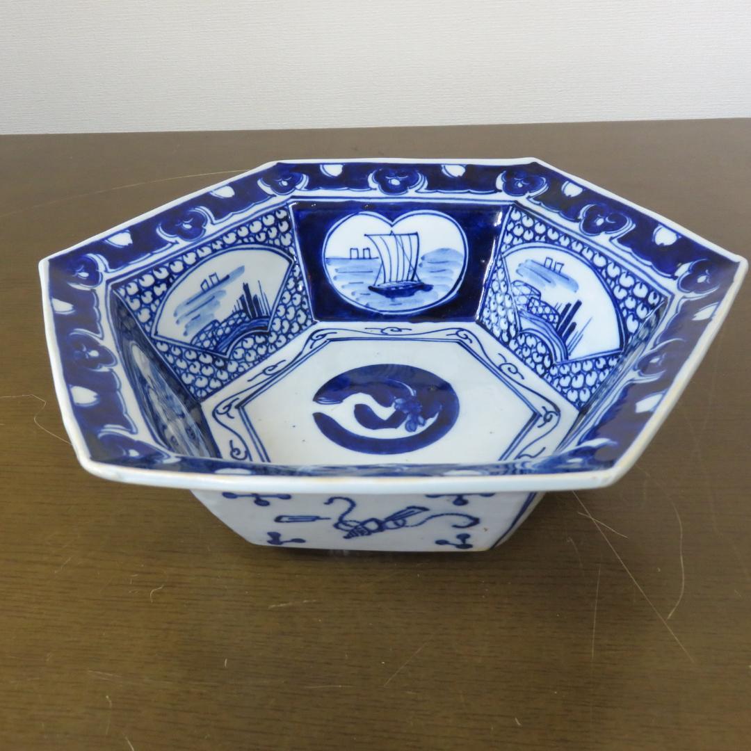 角鉢 丼 染付 古伊万里 蛇の目 帆掛け船 扇窓 印判