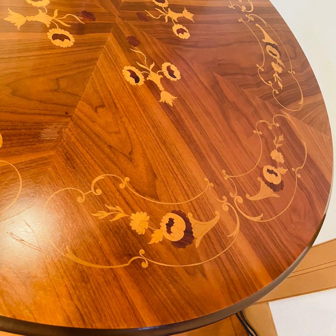 イタリア製 アンティーク調 象嵌 猫脚 丸型 ダイニングテーブル ラウンド 木