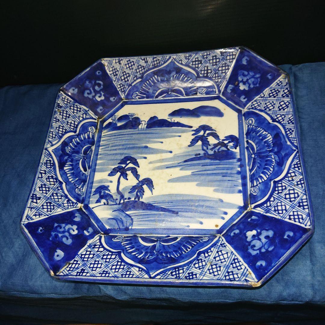 時代物古伊万里四方隅切皿染付青華ベロ