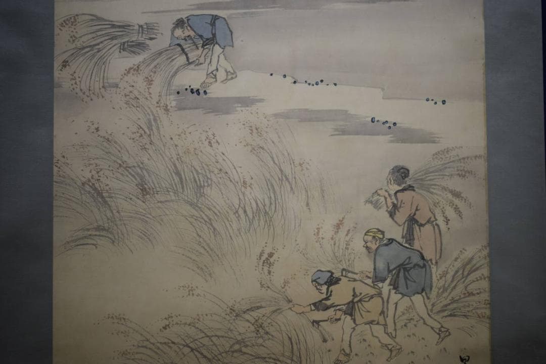 真作/景文/人物収穫図/農耕図/布袋屋掛軸HI-57