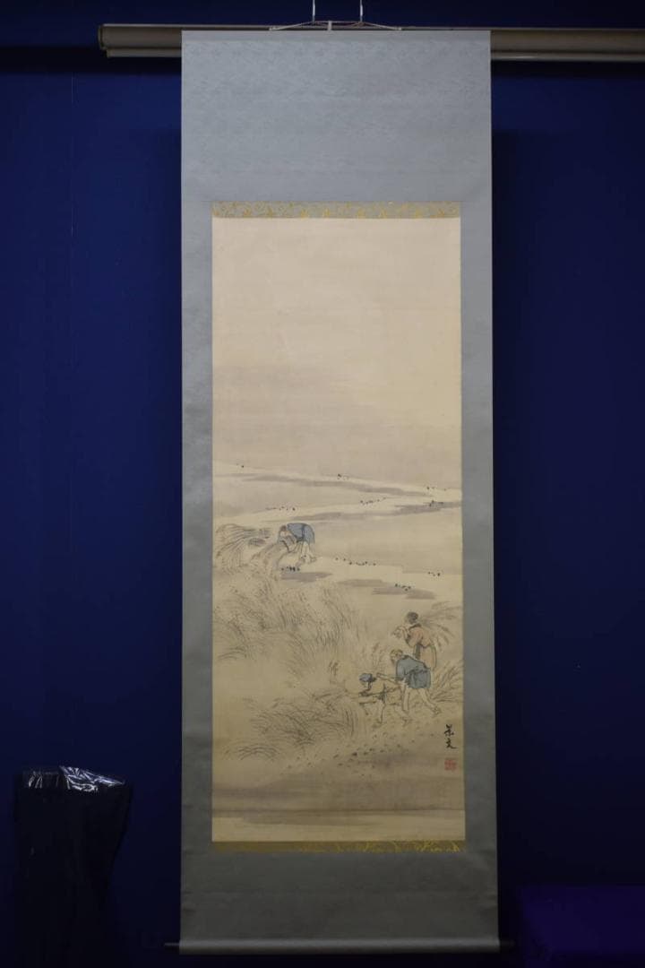 真作/景文/人物収穫図/農耕図/布袋屋掛軸HI-57