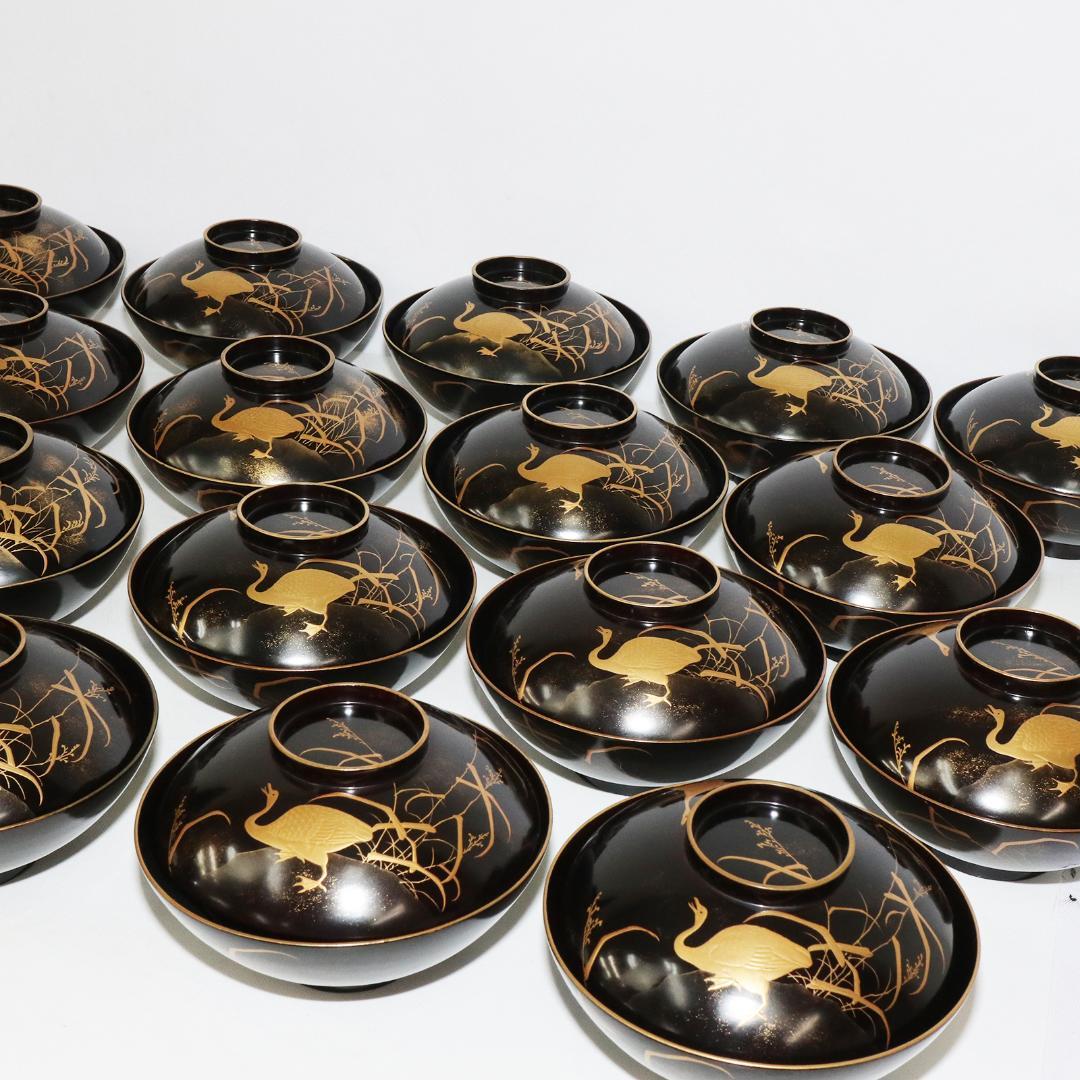 蒔絵 漆 懐石 汁椀 鶴 鳥 20客 1客蓋欠品 木製 吸物椀