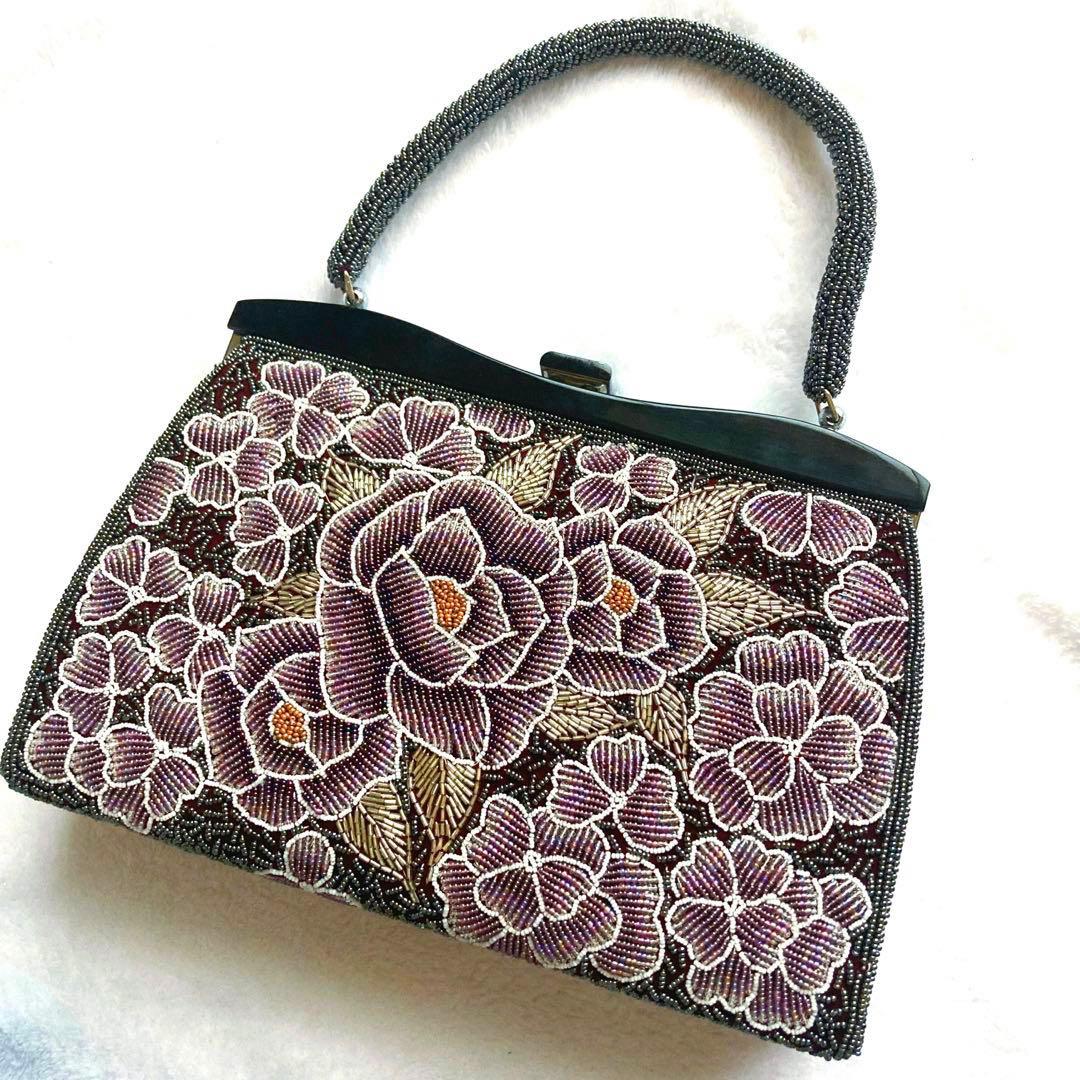 着物　ビーズバッグ　紫・花柄・椿カメリア・お稽古、観劇