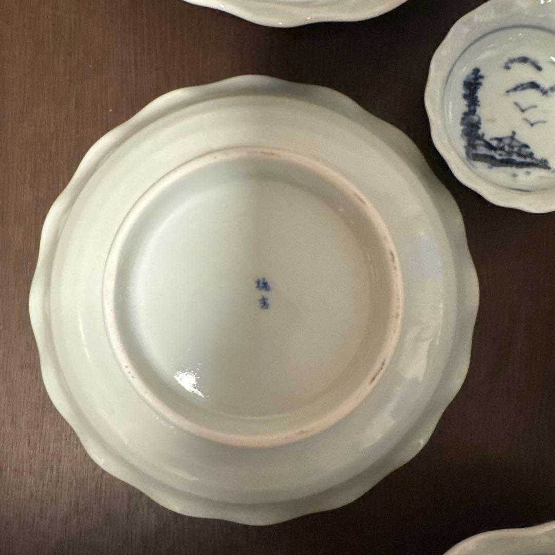 橘吉　青い風景画の陶器皿5個　セット　箱付き