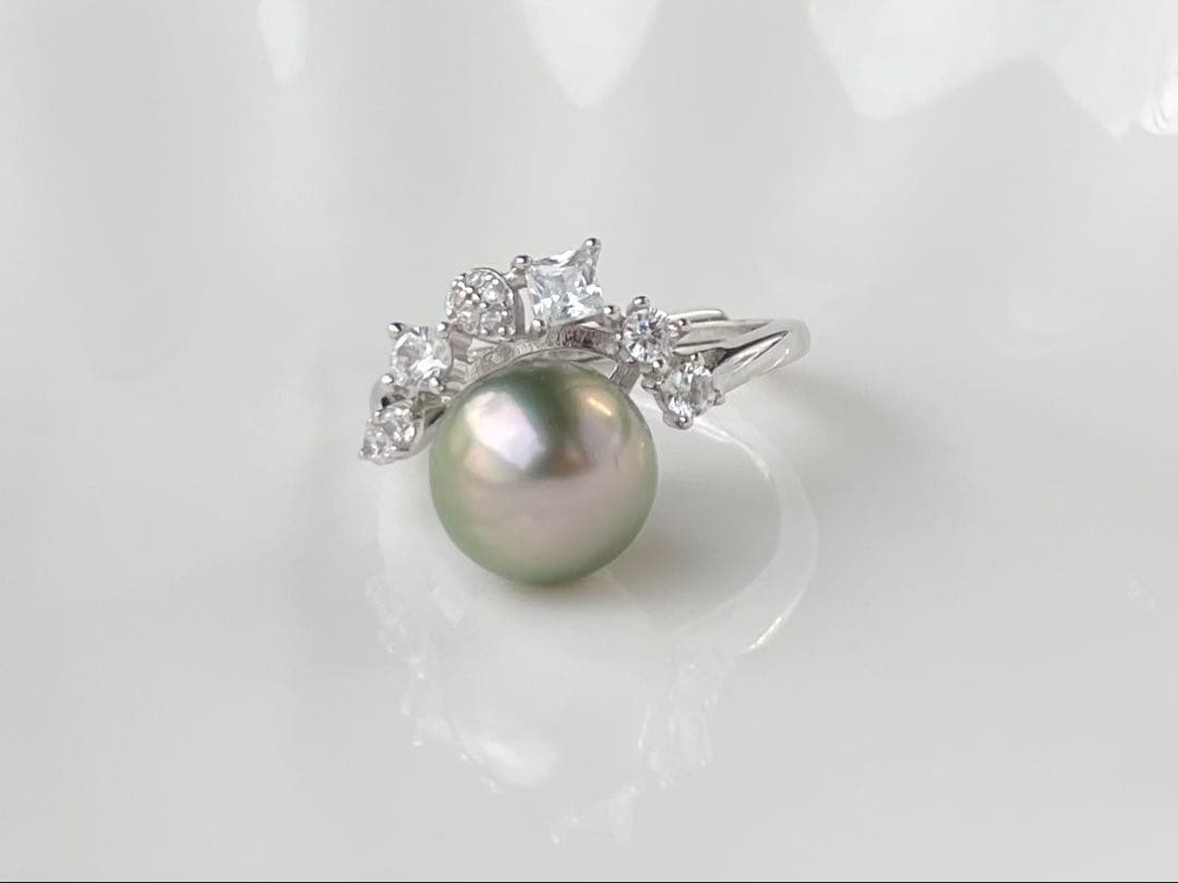 黒蝶真珠 タヒチ 南洋パール 月冠 リング 指輪 s925 ラウンド
