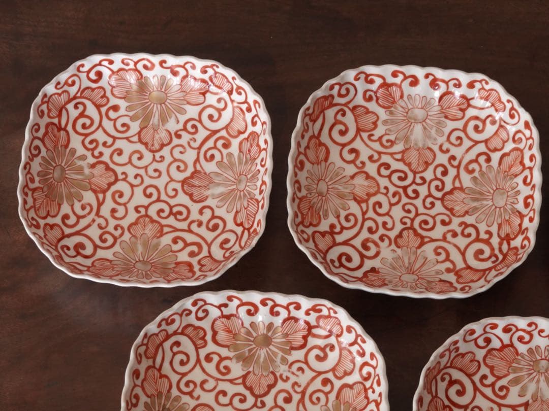 江戸後期　古伊万里　赤絵　金彩　菊　唐草文　向付　5客　膾皿　鉢　バラ売り可能