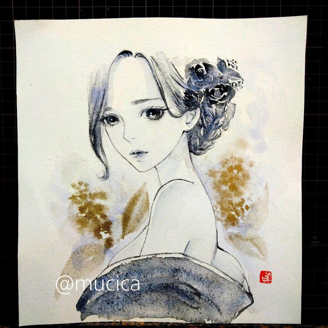 231119D 肉筆原画　絵画　手描きイラスト　オリジナル　水彩画　和装　美人画