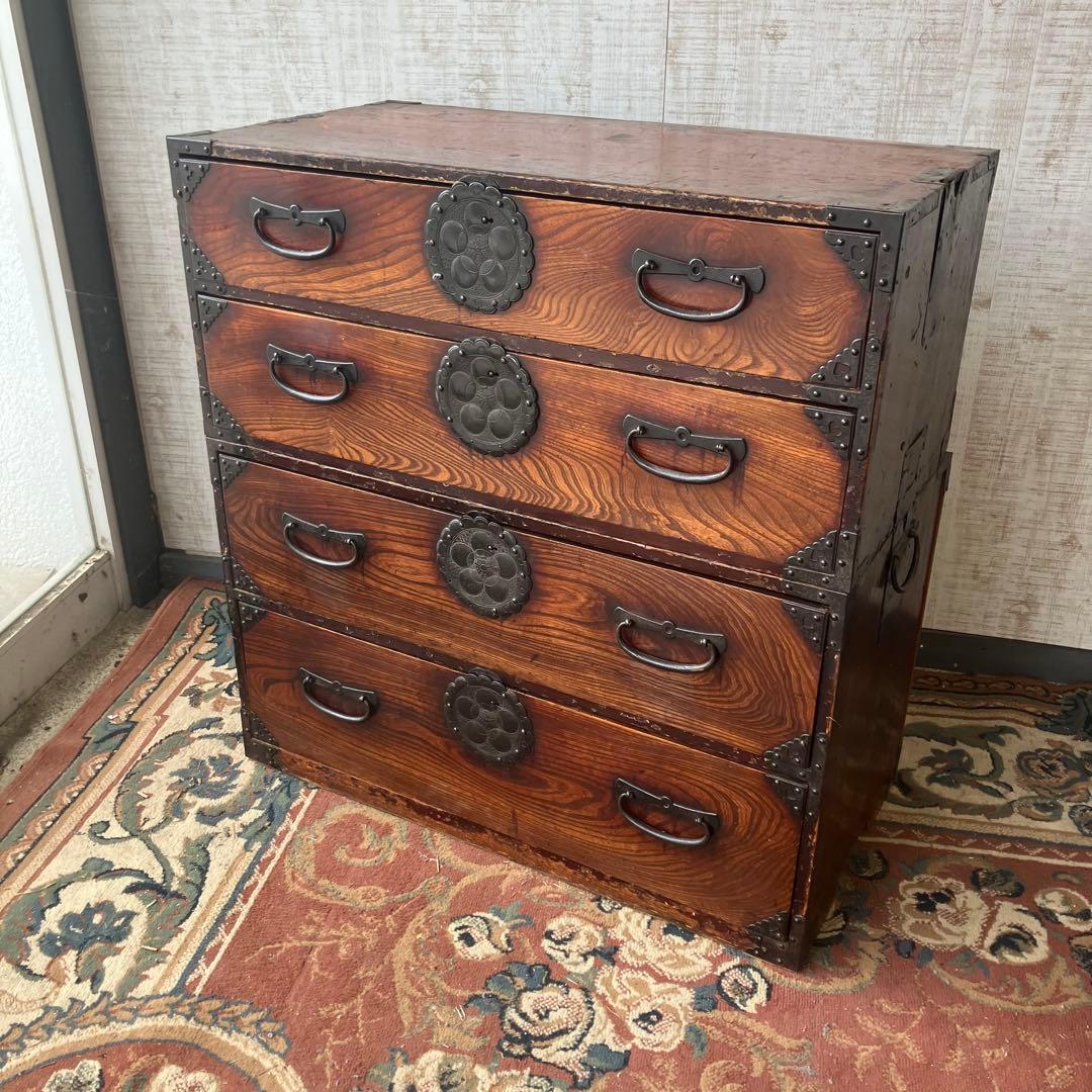 昭和レトロ 古家具 仙台箪笥 4段 引き出し箪笥 古家具 ビンテージ 団扇柄