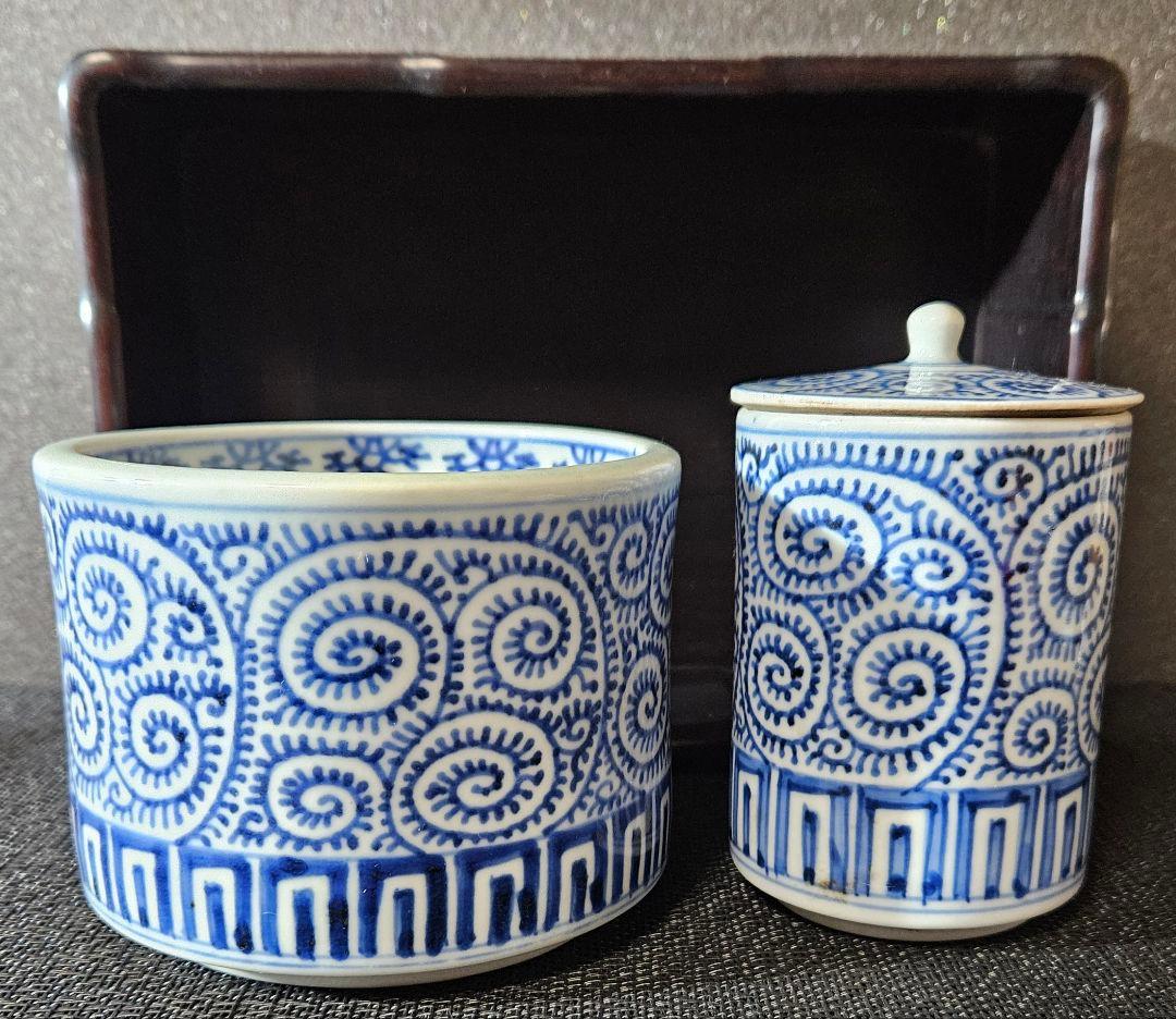 江戸時代後期　古伊万里　たこ唐草文様　 煙草盆　3点揃い　紫檀箱入　茶道具