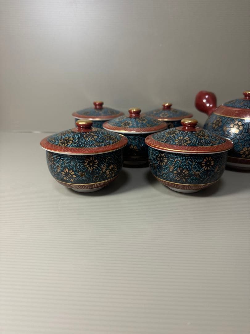 2086 九谷焼　青粒　茶器セット　急須1客　湯呑蓋付5客　金彩