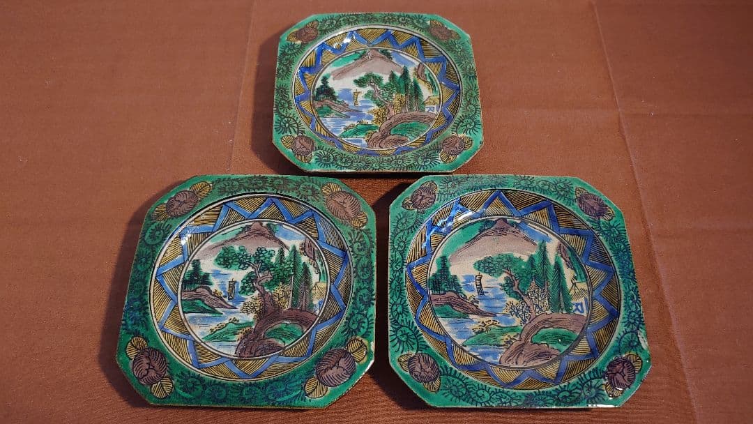 古九谷　青九谷　吉田屋窯　松山窯　青手　蔵出し　３客