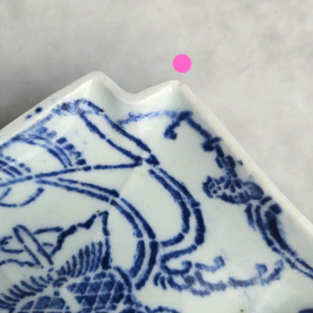 古伊万里　染付小皿　型紙摺　印判　軍配　上手　型物　骨董品　アンティーク　金継ぎ