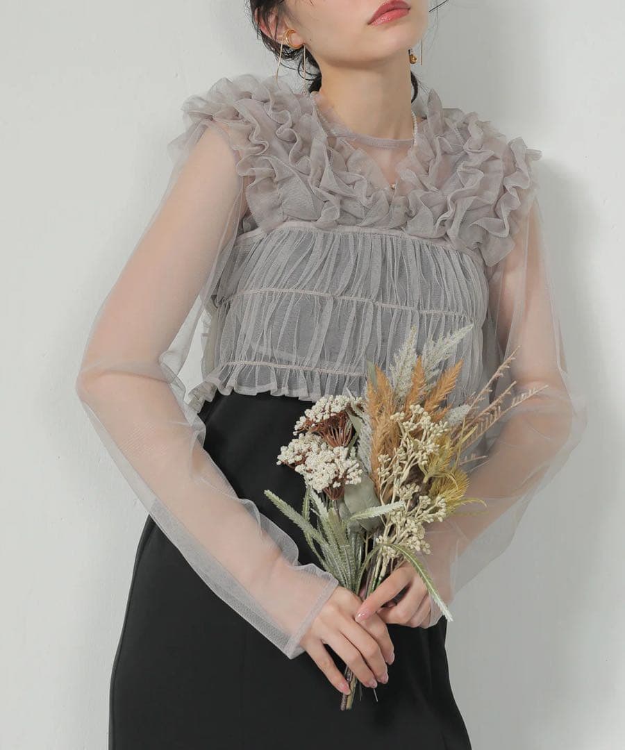 【にこ】チュール ボリューム フリル ベスト シアー トップス ワンピース