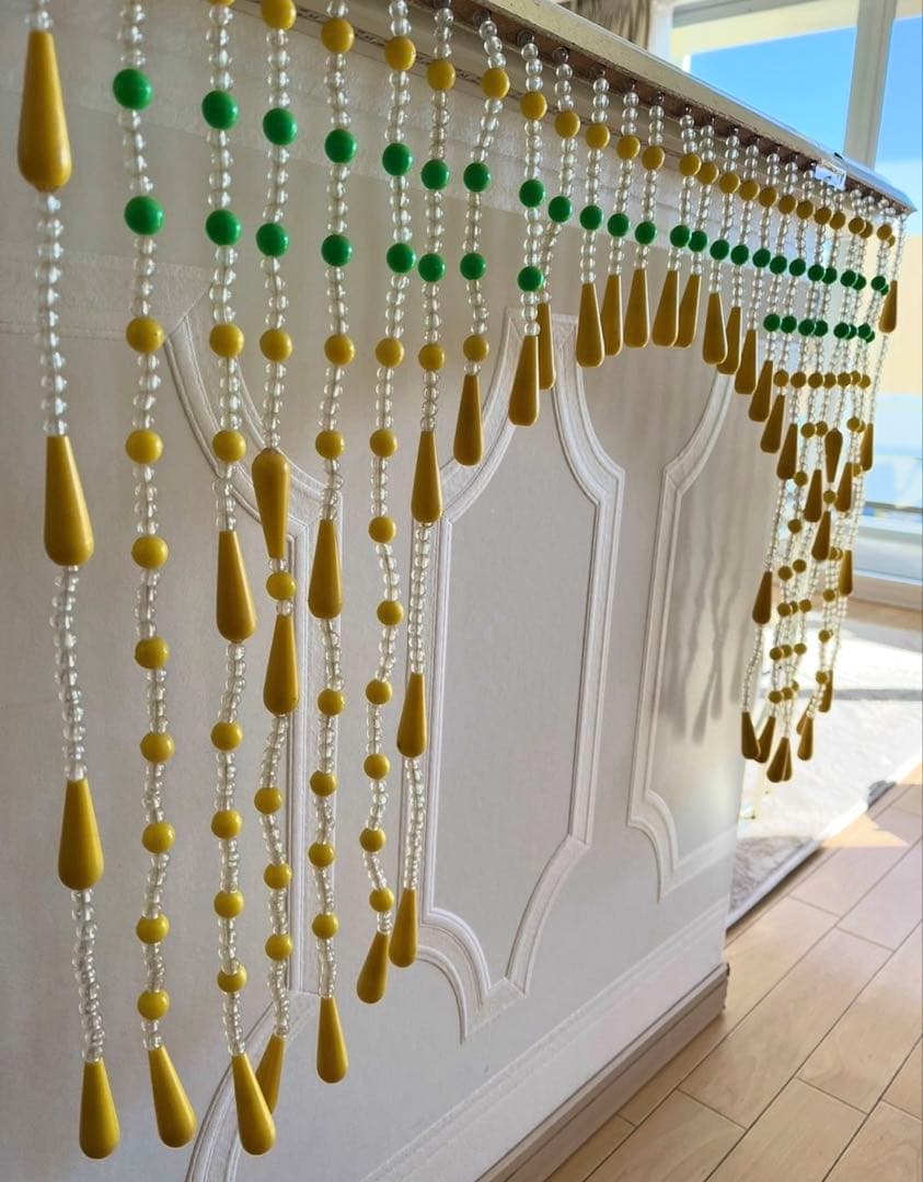 レトロビーズ装飾のれん イエロー・グリーン 昭和レトロ 玉暖簾 珠暖簾