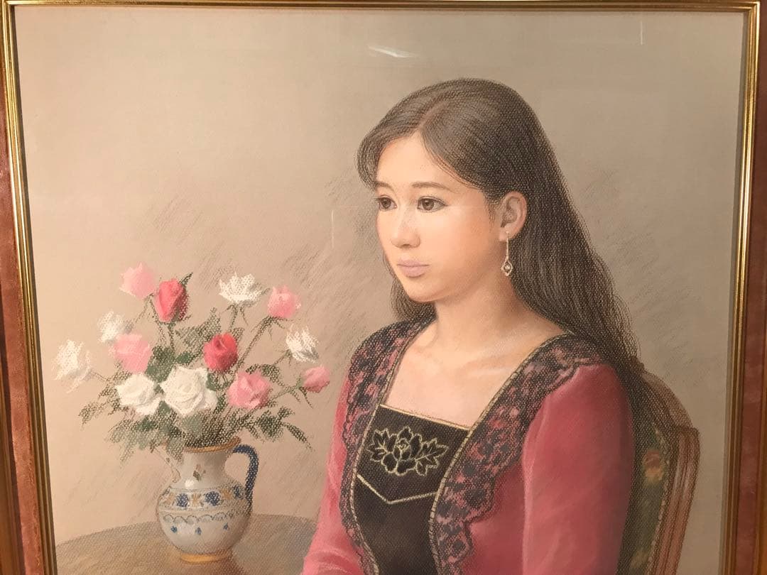 徳田宏行　「赤いドレスの女性」　パステル画２０号　直筆サイン有り