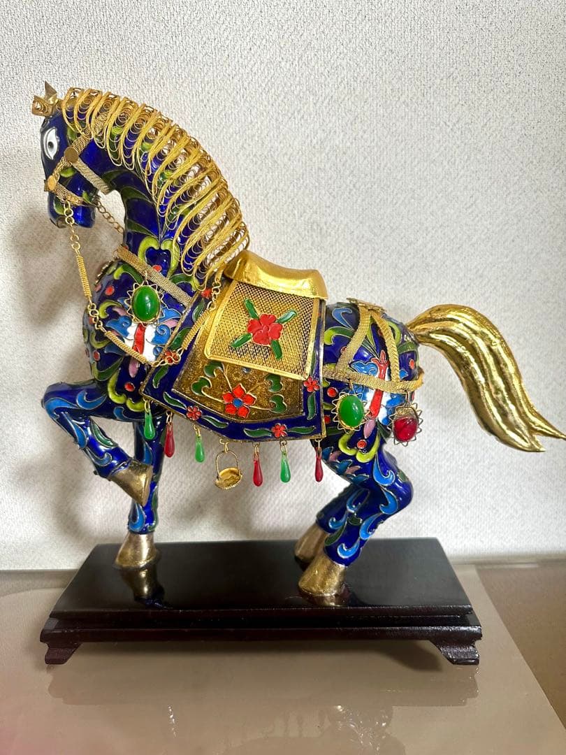 「中国の七宝焼」アンティーク装飾馬の置物 青と金