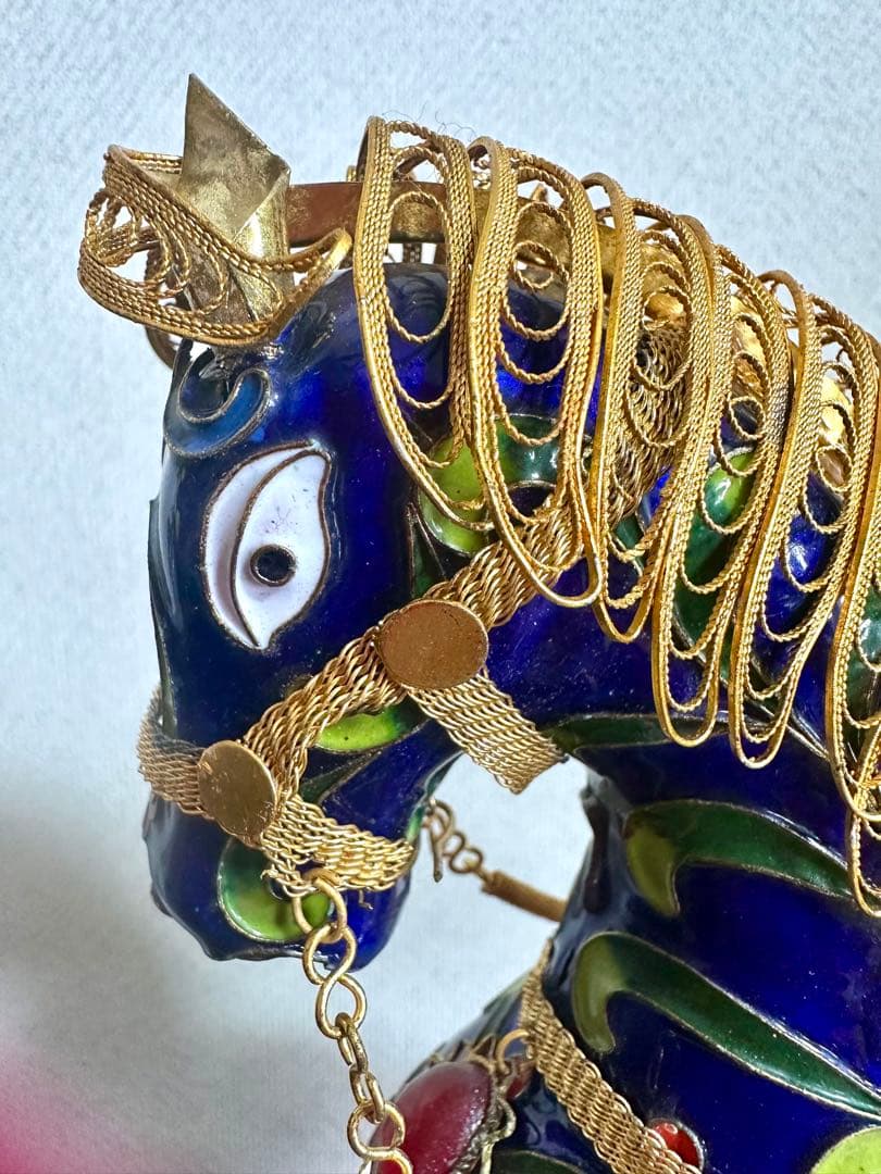 「中国の七宝焼」アンティーク装飾馬の置物 青と金