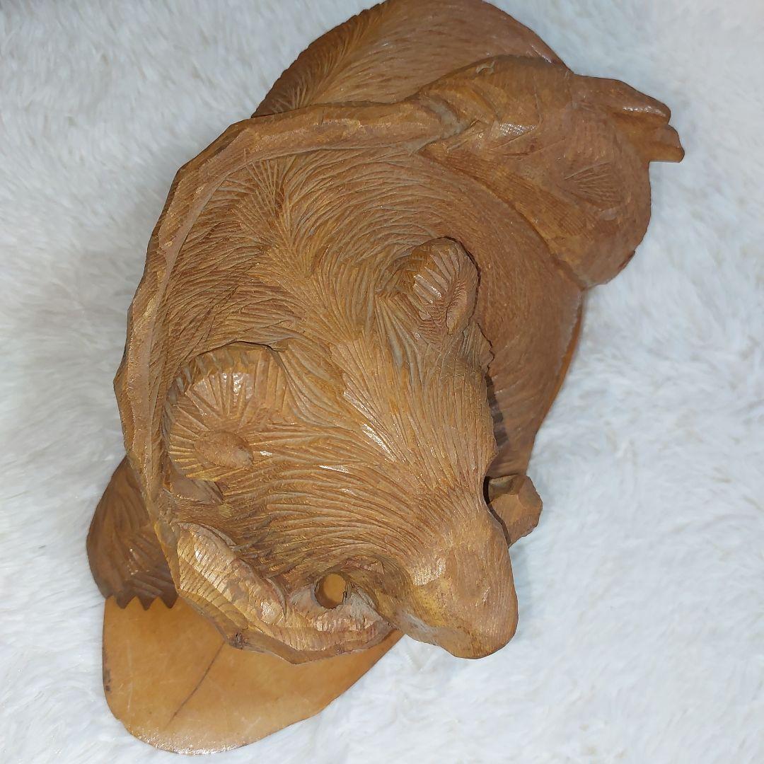 【希少】70年代 鮭背負い熊 釣竿くわえ 木彫りの熊 一刀彫 アイヌ民芸 北海道