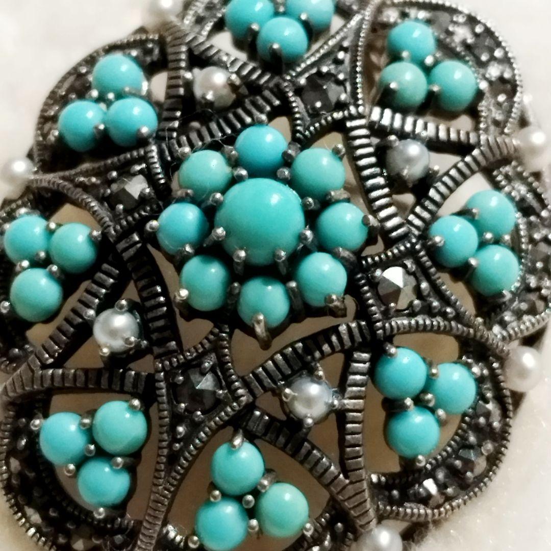 碌山 925 トルコ石 シードパール マーカサイト ブローチ ペンダントトップ