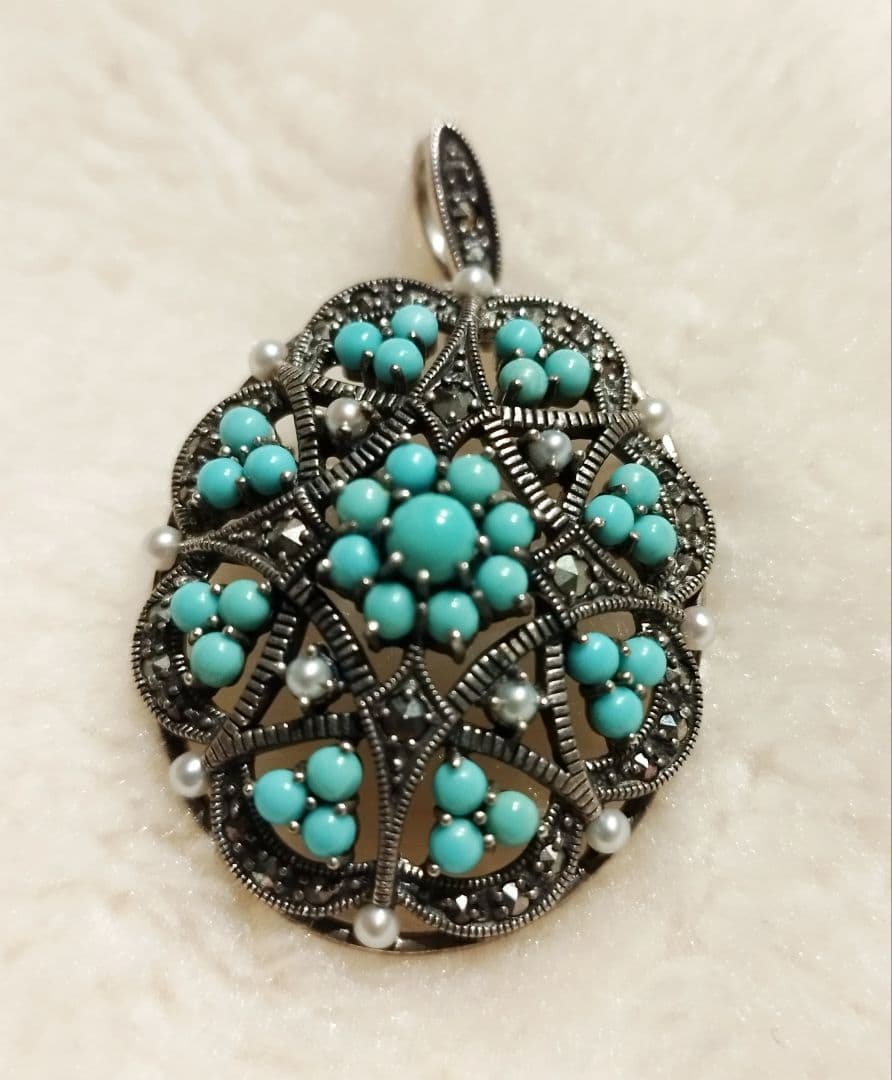 碌山 925 トルコ石 シードパール マーカサイト ブローチ ペンダントトップ
