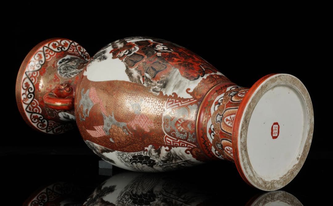 【九谷焼 大日本九谷造】金襴手赤絵金彩 龍双耳飾壺 花瓶 人物松鶴花鳥図 古美術