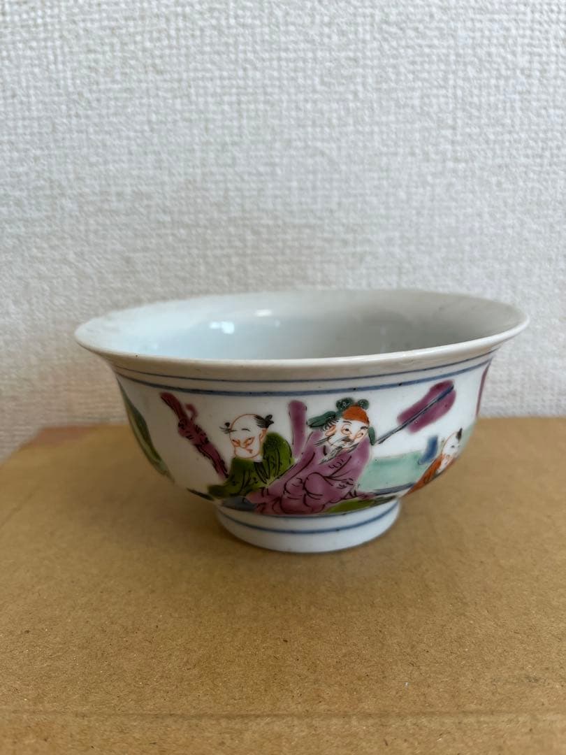 中国美術 粉引 色絵　六角 筆筒 童子圖 茶盞 大清同治年製 3点