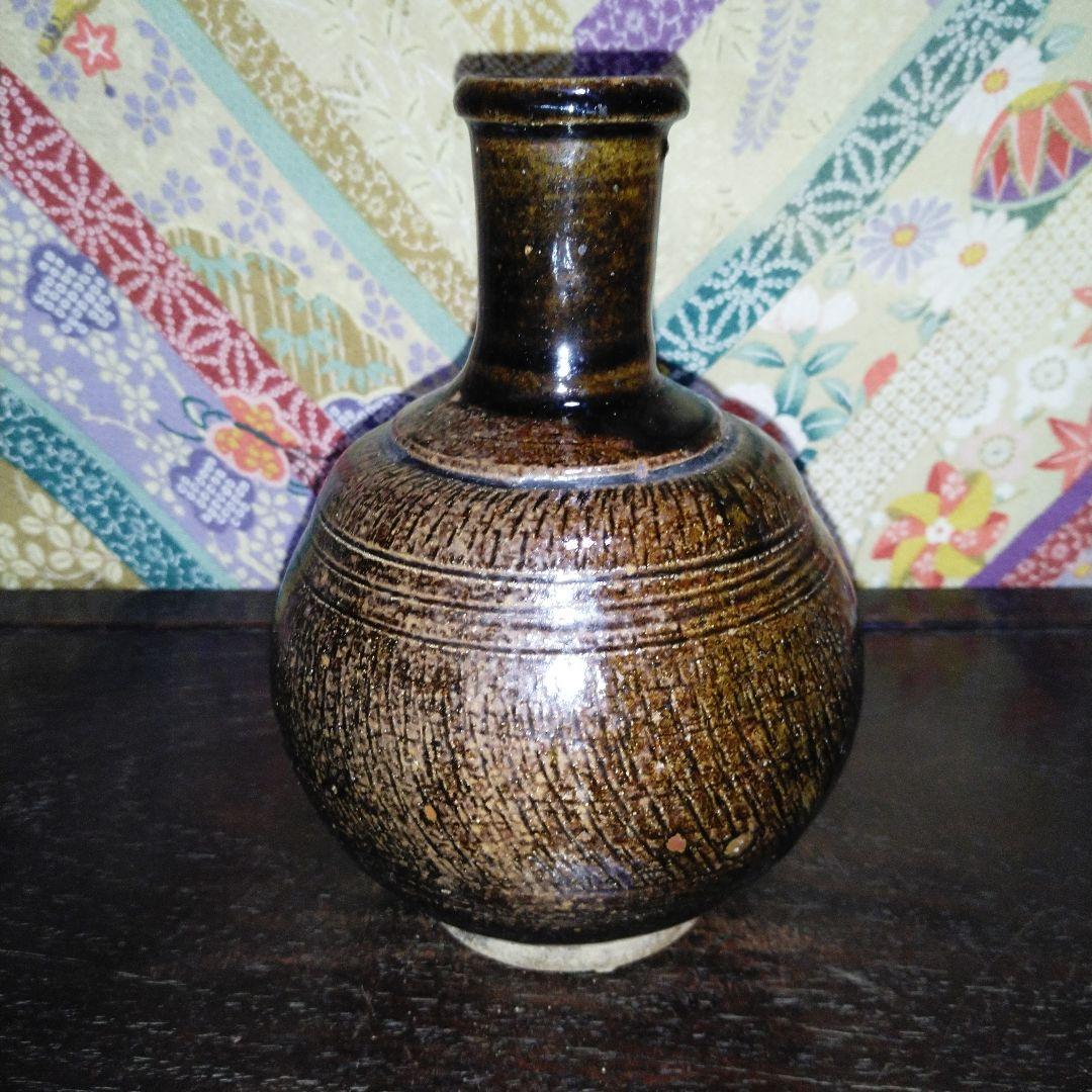 NO384 古相馬焼　上野目焼き　鉄釉徳利　時代物