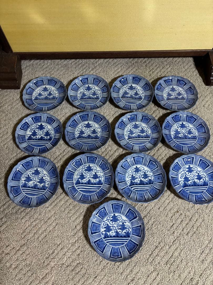 古伊万里染付芙蓉手膾皿 江戸時代 藍色 意匠 陶器 13枚 時代物 希少品