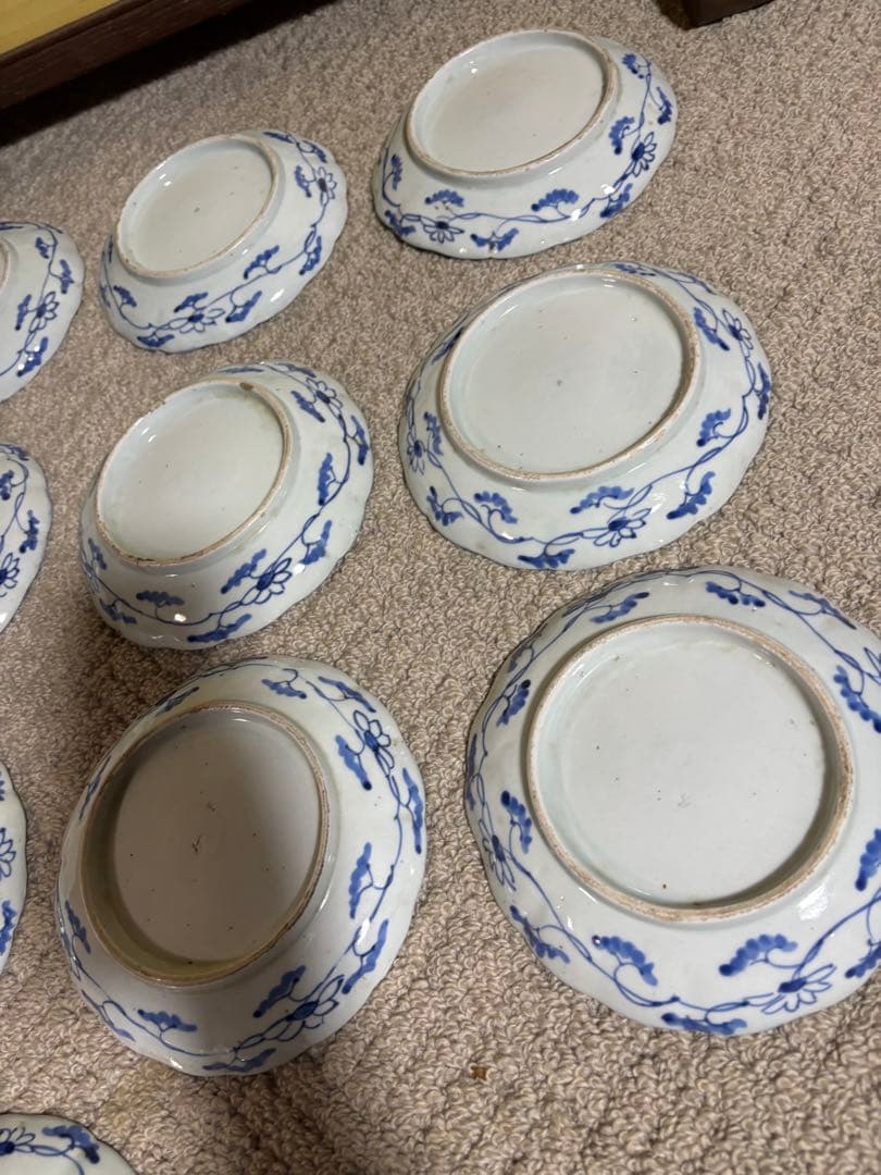 古伊万里染付芙蓉手膾皿 江戸時代 藍色 意匠 陶器 13枚 時代物 希少品