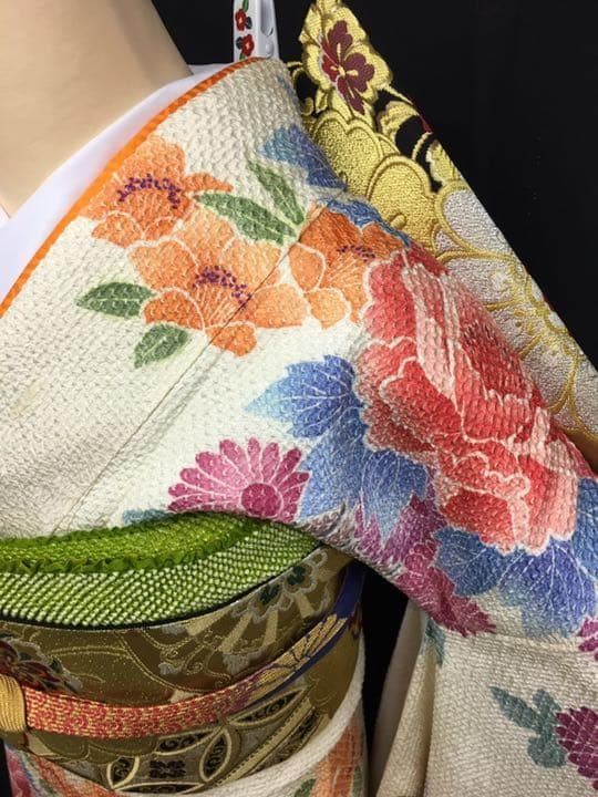 Kat藤娘きぬたや 白オレンジ染め分け 牡丹 総絞り振袖 フルセット