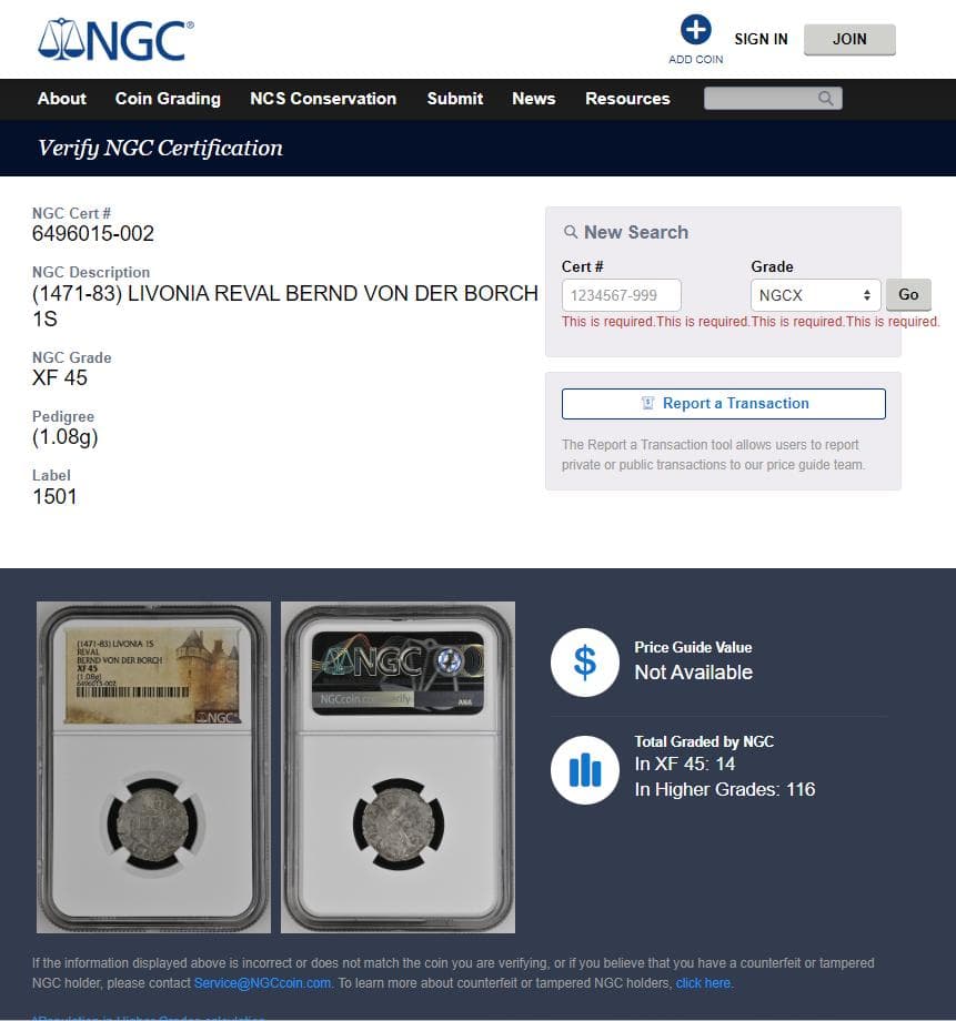 【古代銀貨】リボニア1471～1483年　1シリング銀貨　XF45