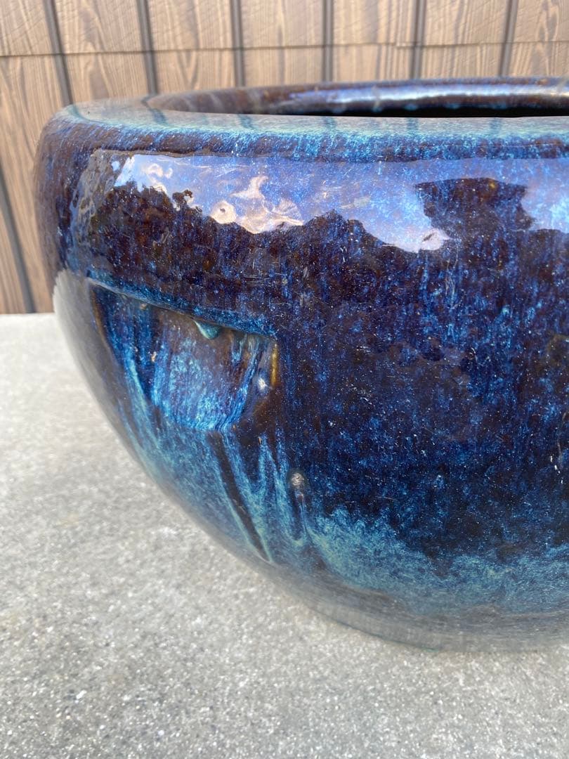 火鉢　陶器　海鼠釉　アンティーク　骨董　金魚鉢　特大　睡蓮鉢　メダカ　鉢カバー