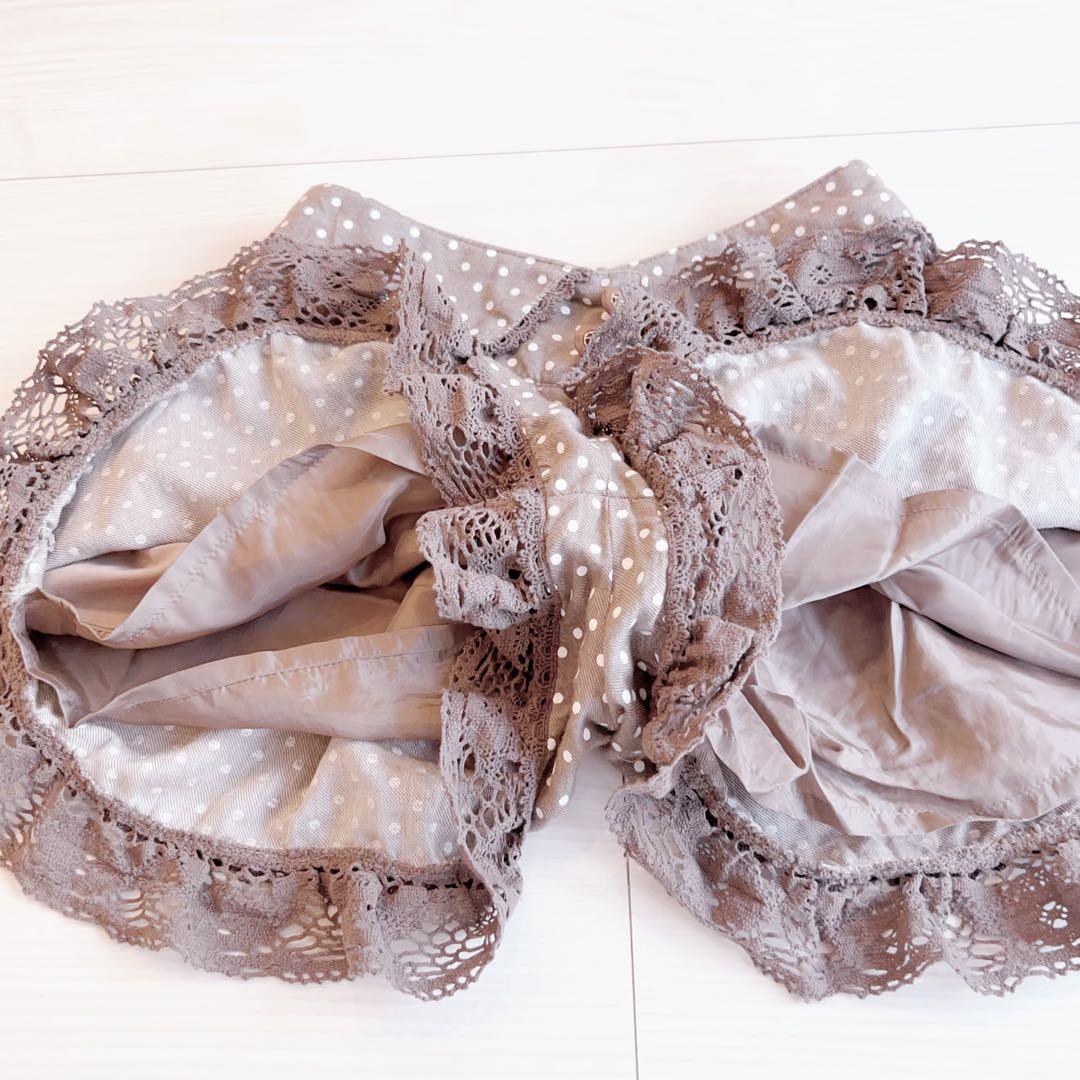 リズリサ ダークブラウン ドット柄 レースフリル キュロット