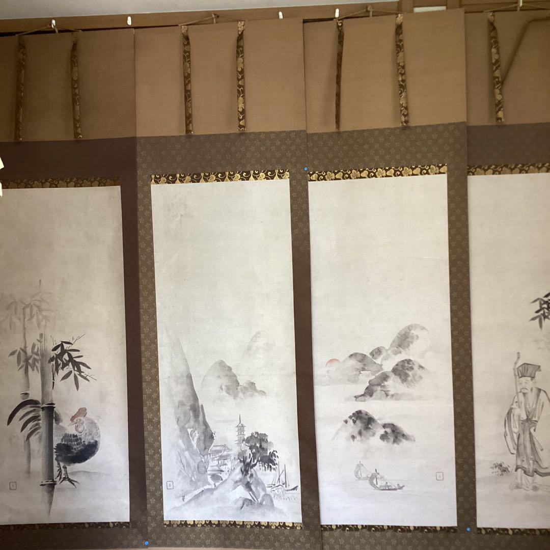 江月宗玩筆　紙本彩色水墨画　4幅対【竹林に鶏図、竹林に賢人　旭日山水　楼閣図】