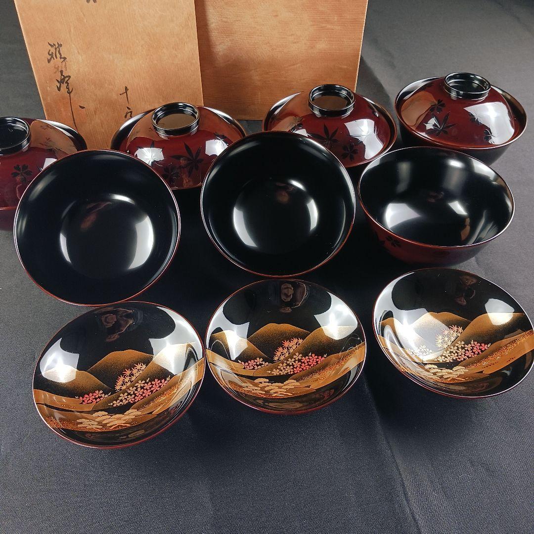 Y3112-2 懐石道具 漆器 金彩 遠山春花蒔絵 椀 7客 共箱