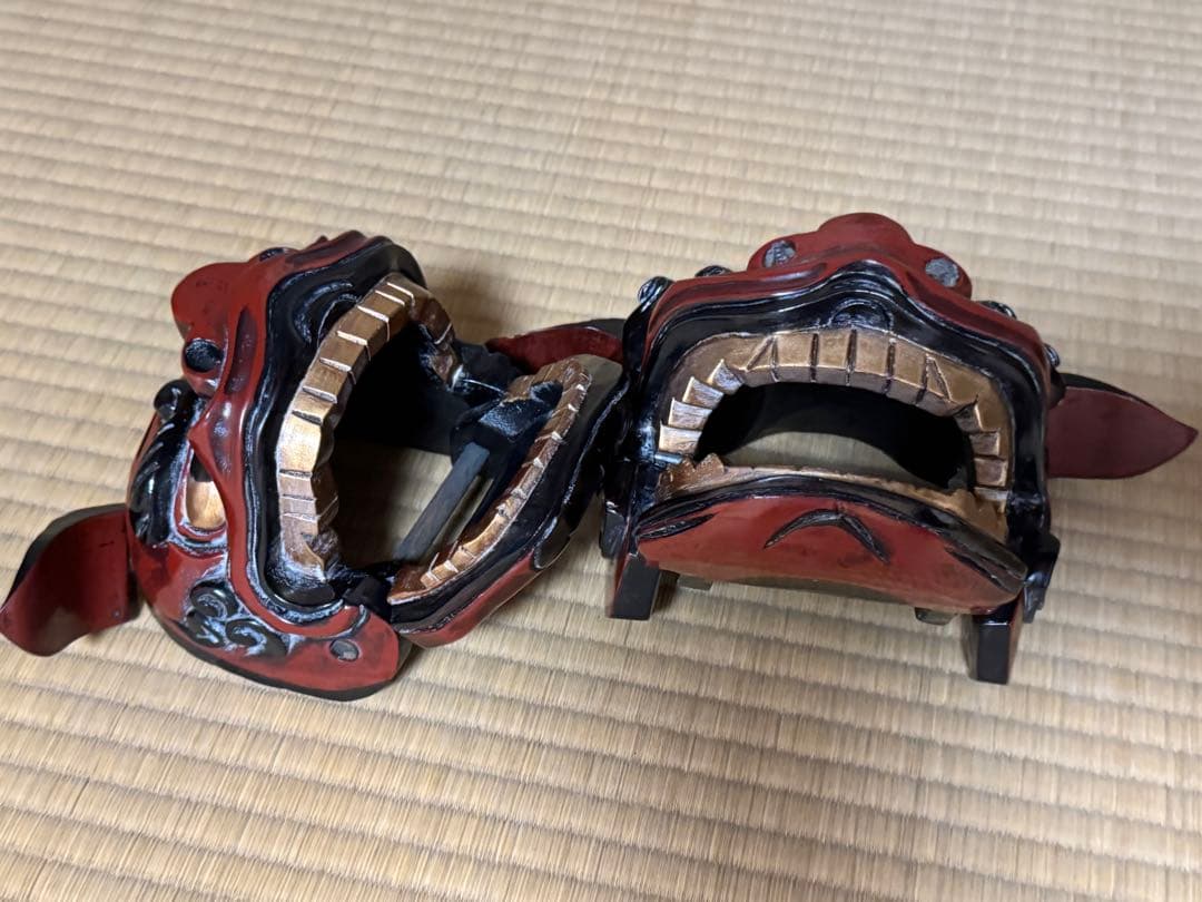 母のお茶道具の仲間たち　 レトロ 獅子頭 雄雌木彫 最大幅21〜25、高13cm