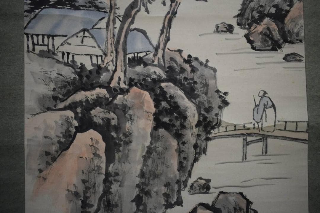 真作/柳東/山水清秋訪友図/布袋屋掛軸HE-437