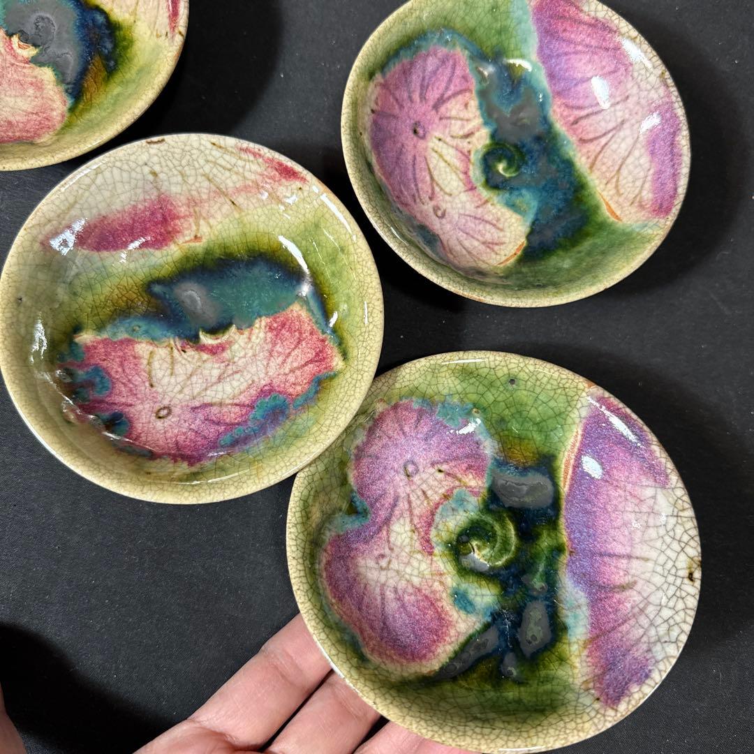 J07 送料無料　織部焼　蓋茶碗5客セット　懐石　茶道具　工芸品　木箱　在銘