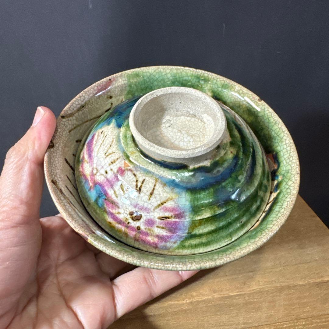 J07 送料無料　織部焼　蓋茶碗5客セット　懐石　茶道具　工芸品　木箱　在銘