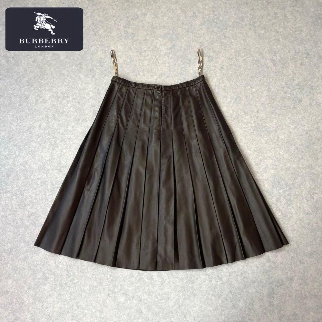 上質 バーバリー ロンドン ラムレザー プリーツスカート ダークブラウン UK6