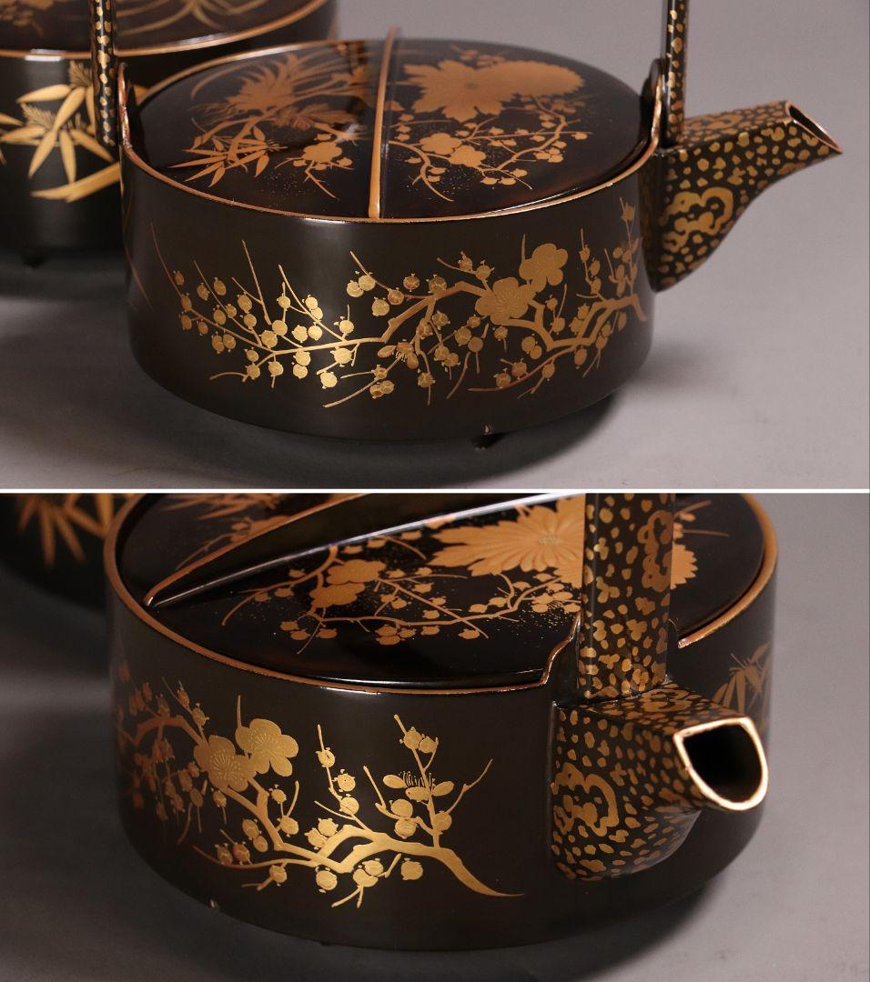 時代 四君子蒔絵 銚子 一対 天然木 草花 金蒔絵 黒塗 木製漆器【MA409】
