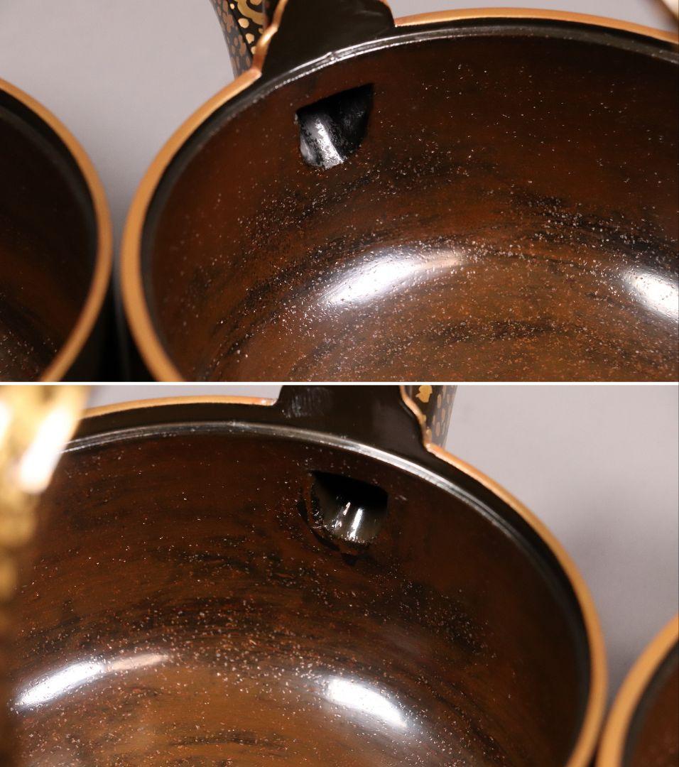 時代 四君子蒔絵 銚子 一対 天然木 草花 金蒔絵 黒塗 木製漆器【MA409】