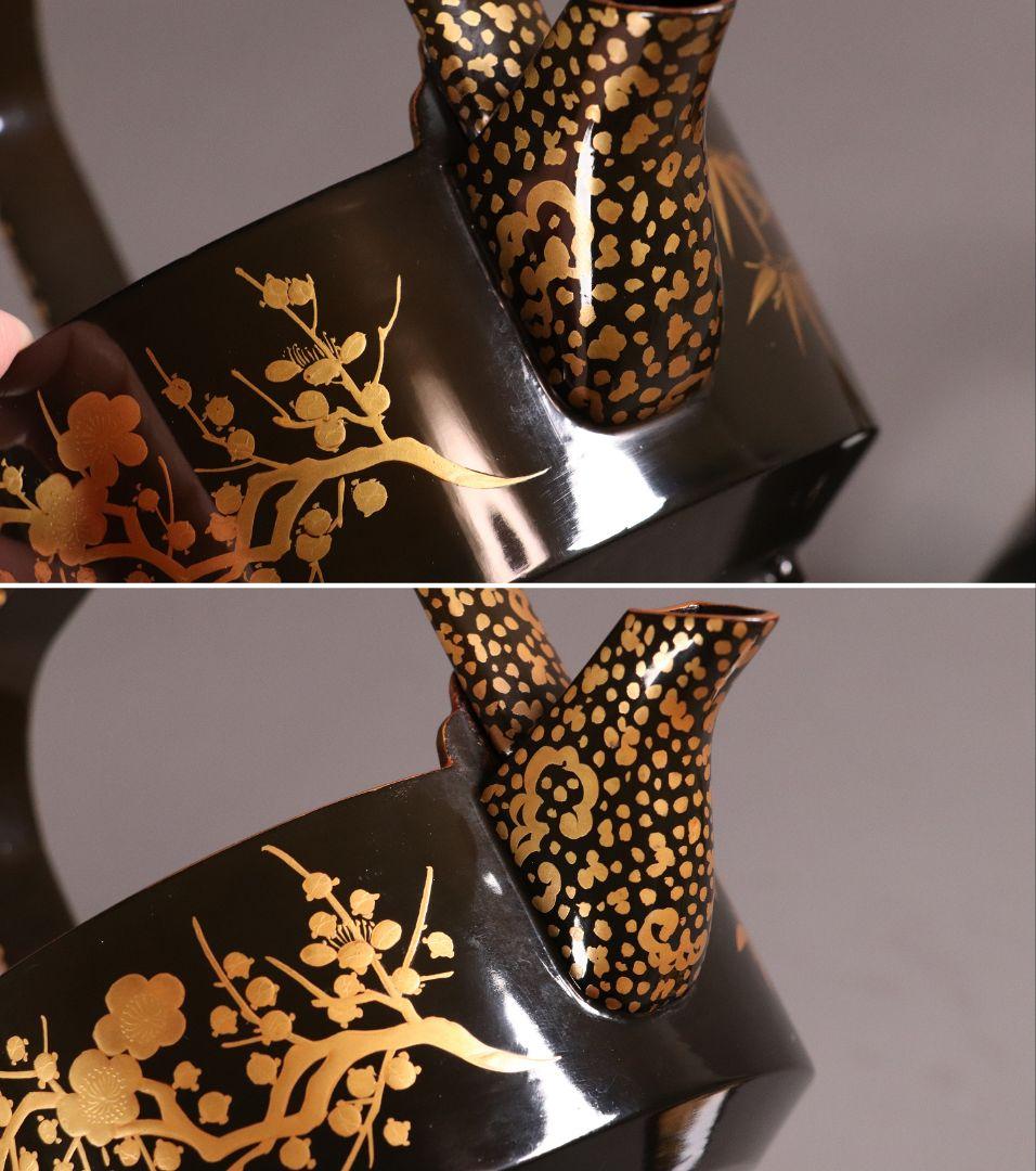 時代 四君子蒔絵 銚子 一対 天然木 草花 金蒔絵 黒塗 木製漆器【MA409】