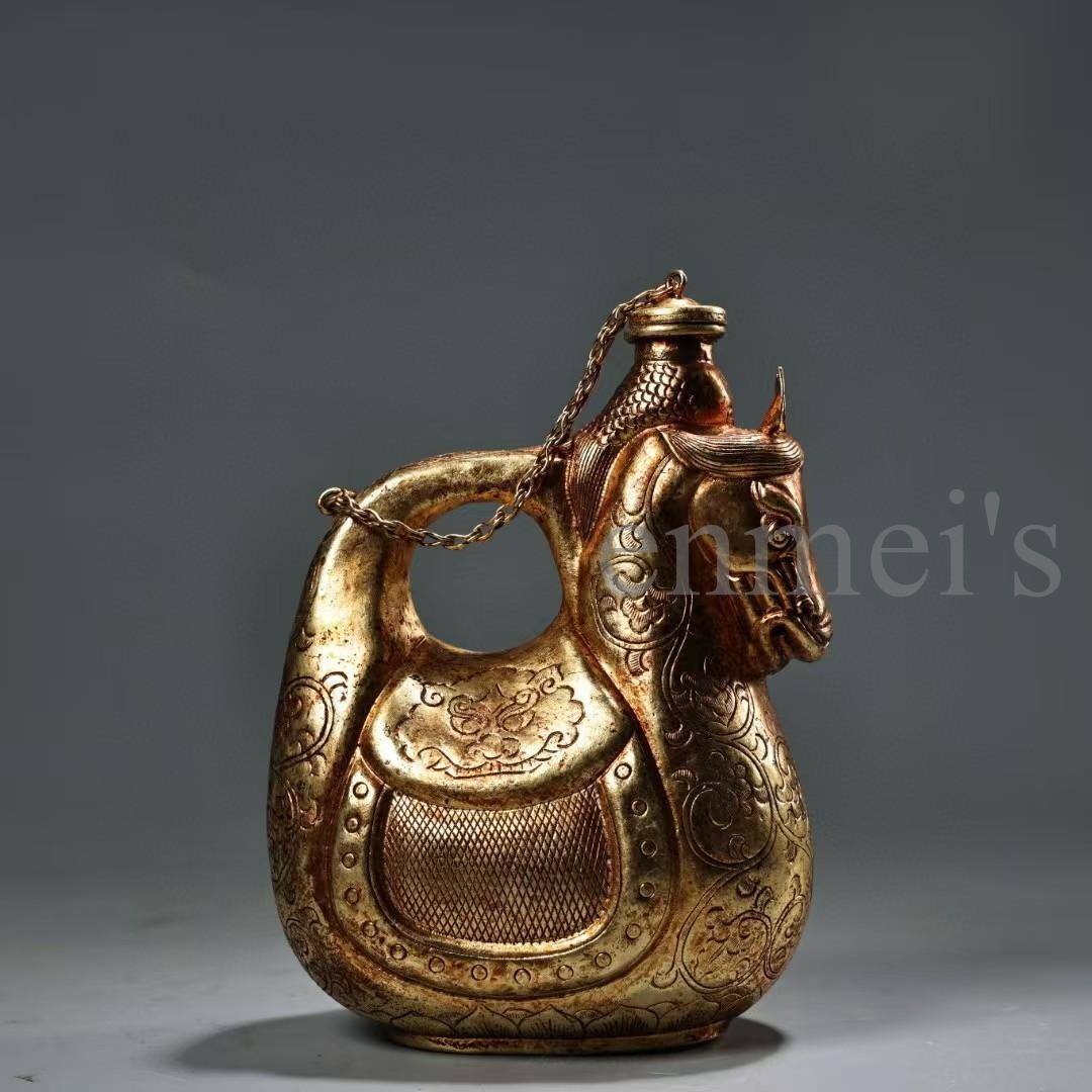 中国古美術・珍蔵純銅製・鎏金・酒器・馬壺／馬の頭型水差し・純手作り・茶道具・酒具