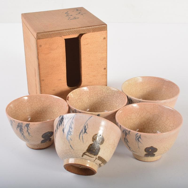 煎茶道具　華中亭道八造　御本手　青華　柳文　煎茶碗　五客　共箱　M　R6853