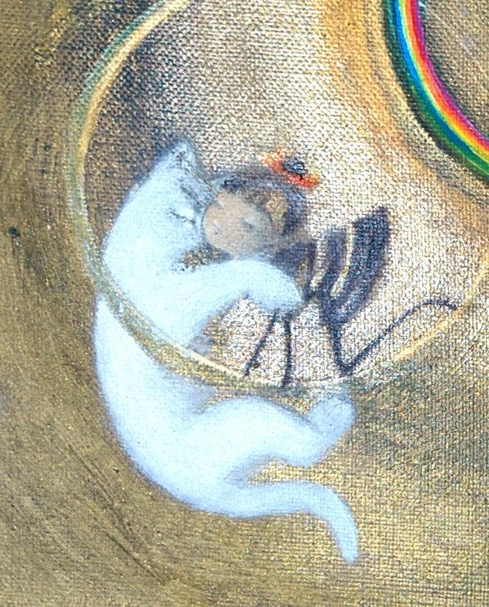 油絵 菅家令子絵 絵画インテリア額付(青緑＋金色の枠)F4-030119子猫犬子