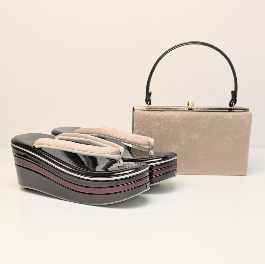 ベロア 3枚芯 ハイヒール 草履バッグ セット ダークブラウン×ベージュ u64